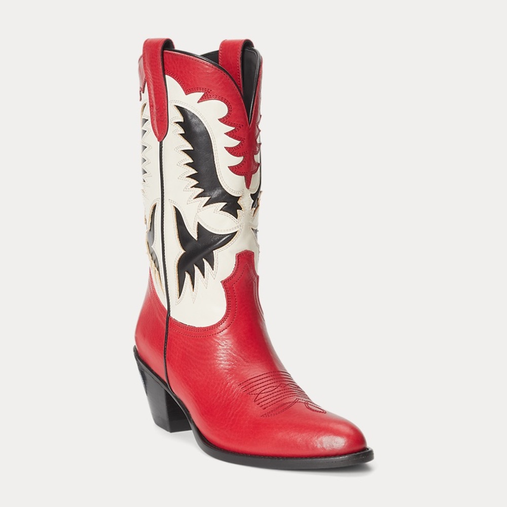 POLO RALPH LAUREN Red Cream Black Vachetta Leather Western Cowboy Boots Size 7B